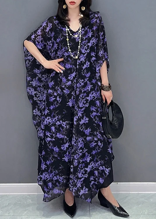 Loose Purple O-Neck Print Maxi Dress Summer