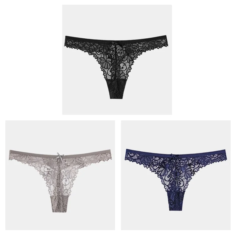 3Pcs/Lot Sexy Lace Thong Low Waist Lace Transparent Panties Women Hollow out Breathable G String Briefs Bow Underwear Lingerie