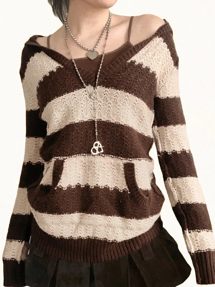Rapcopter Prepply Kawaii Sweaters Striped Hooded Jumpers Vintage Long Sleeve Academic Knitwear Women Retro Korean Clothing Fall
