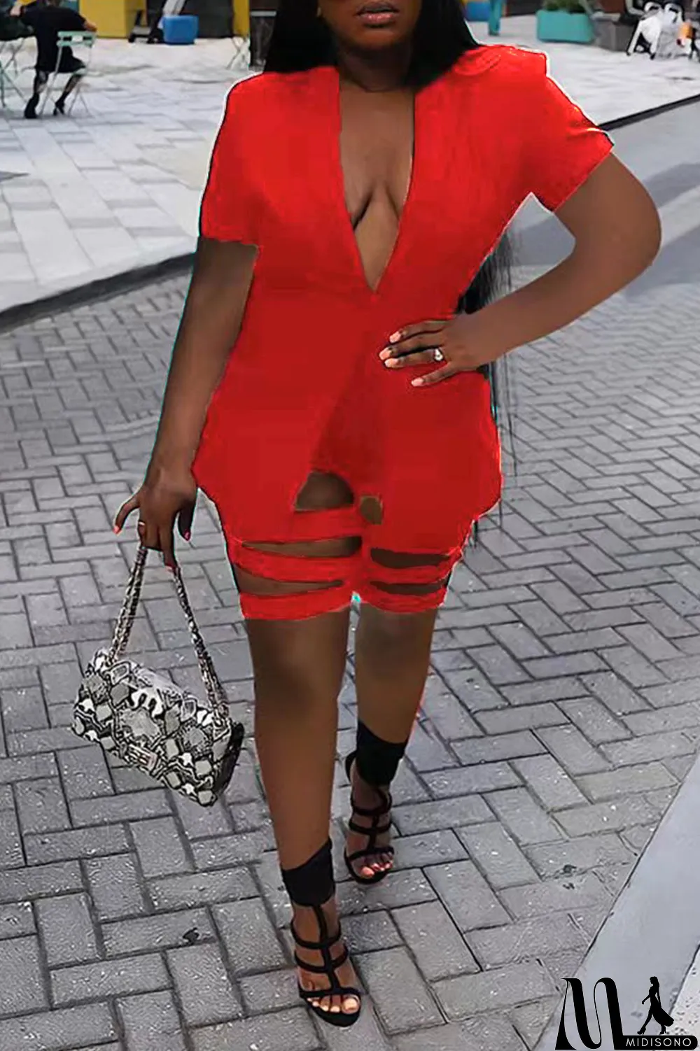 MidiSono - Red Street Print Hollowed Out Patchwork Buttons Turn-back Collar Short Sleeve Two Pieces