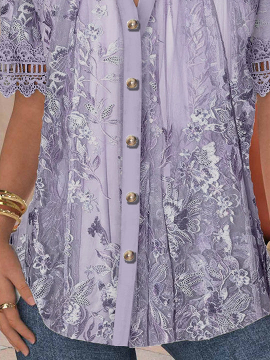 Women Short Sleeve V-neck Floral Printed Graphic Lace Hollow Stitching Button Tops