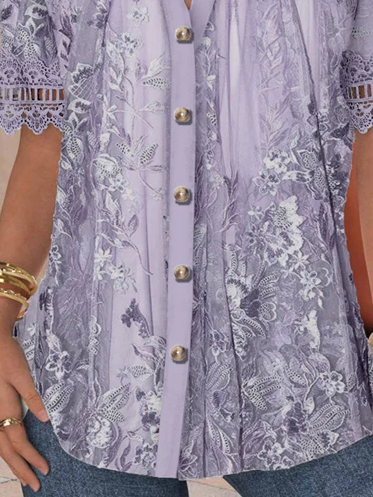 Women Short Sleeve V-neck Floral Printed Graphic Lace Hollow Stitching Button Tops