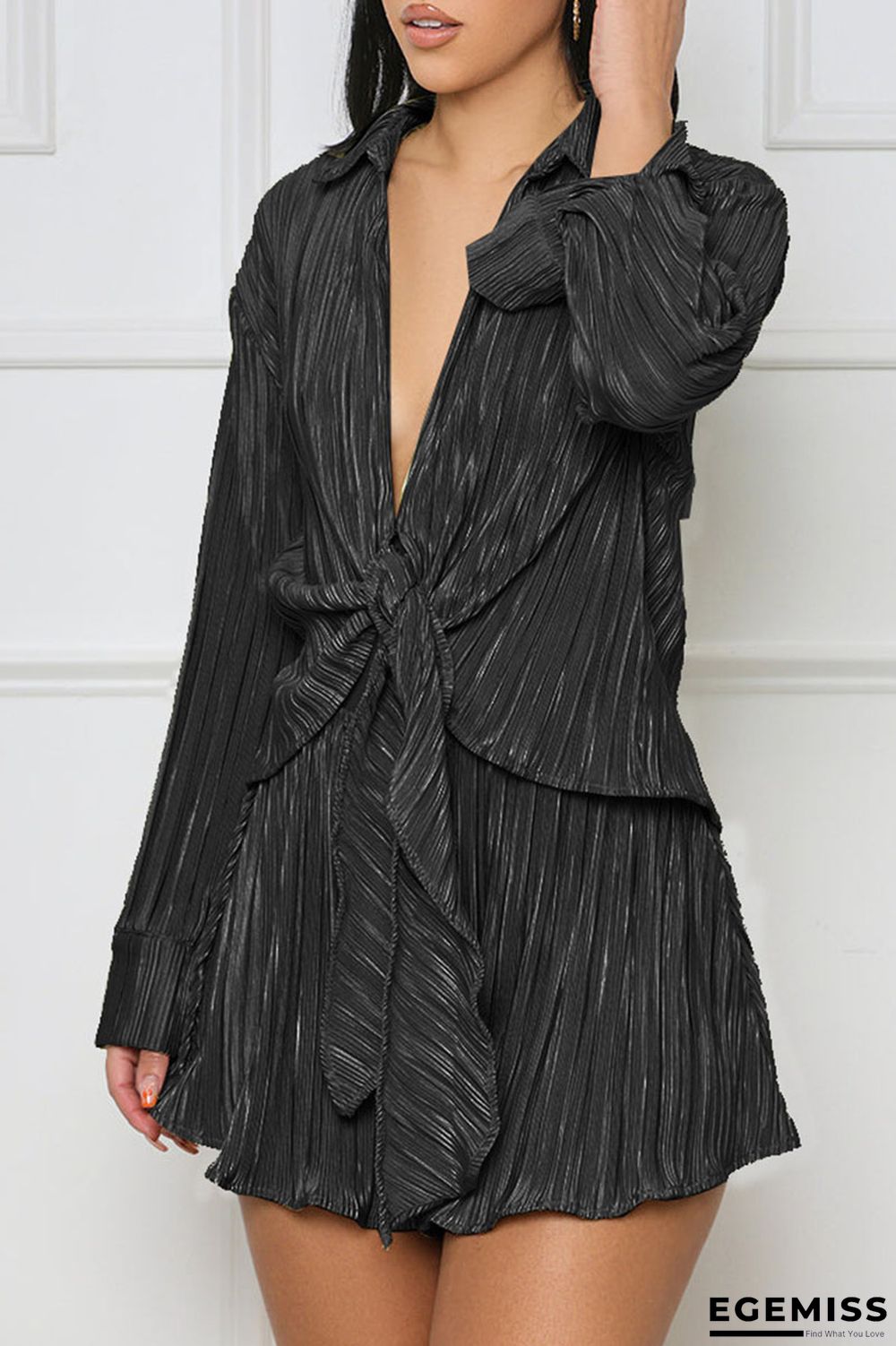 Black Casual Solid Bandage Patchwork Turndown Collar Long Sleeve Two Pieces | EGEMISS