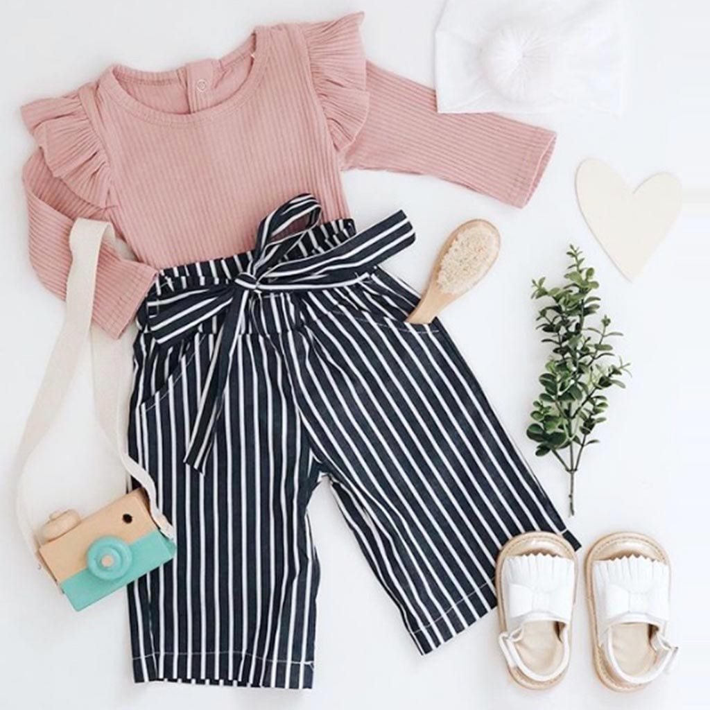 2PCS Ruffled Bodysuit and Striped Belted Pants Set