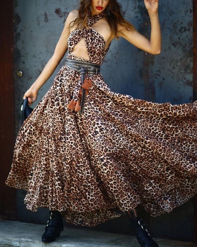 Casual Printed Strap Waist A-line Long Dress