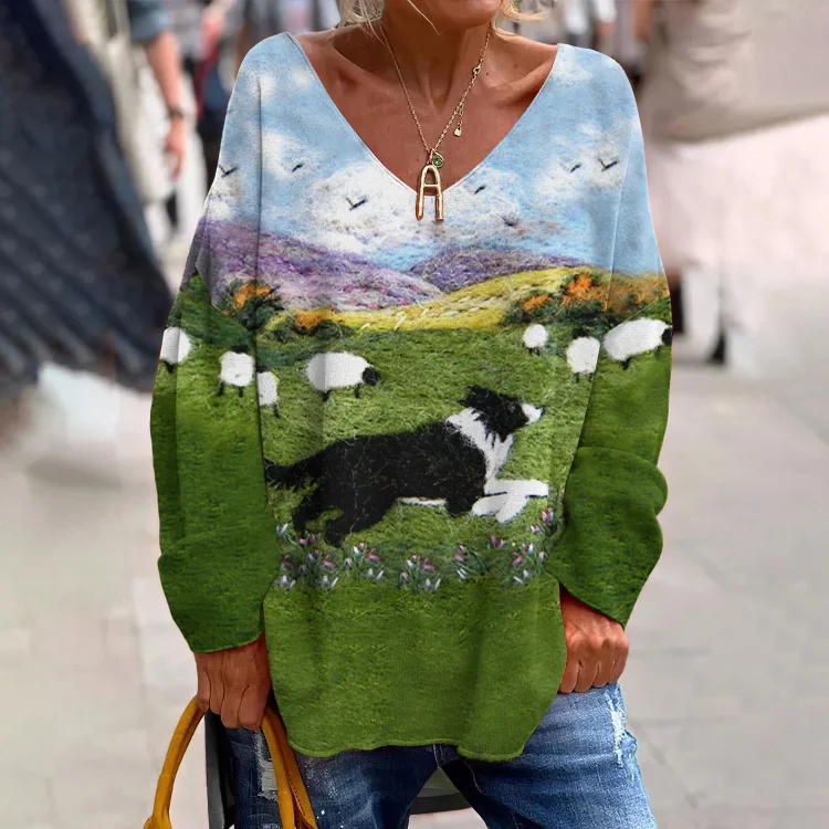 VChics Funny Running Sheepdog Wool Felt Cozy V-Neck Loose T-Shirt