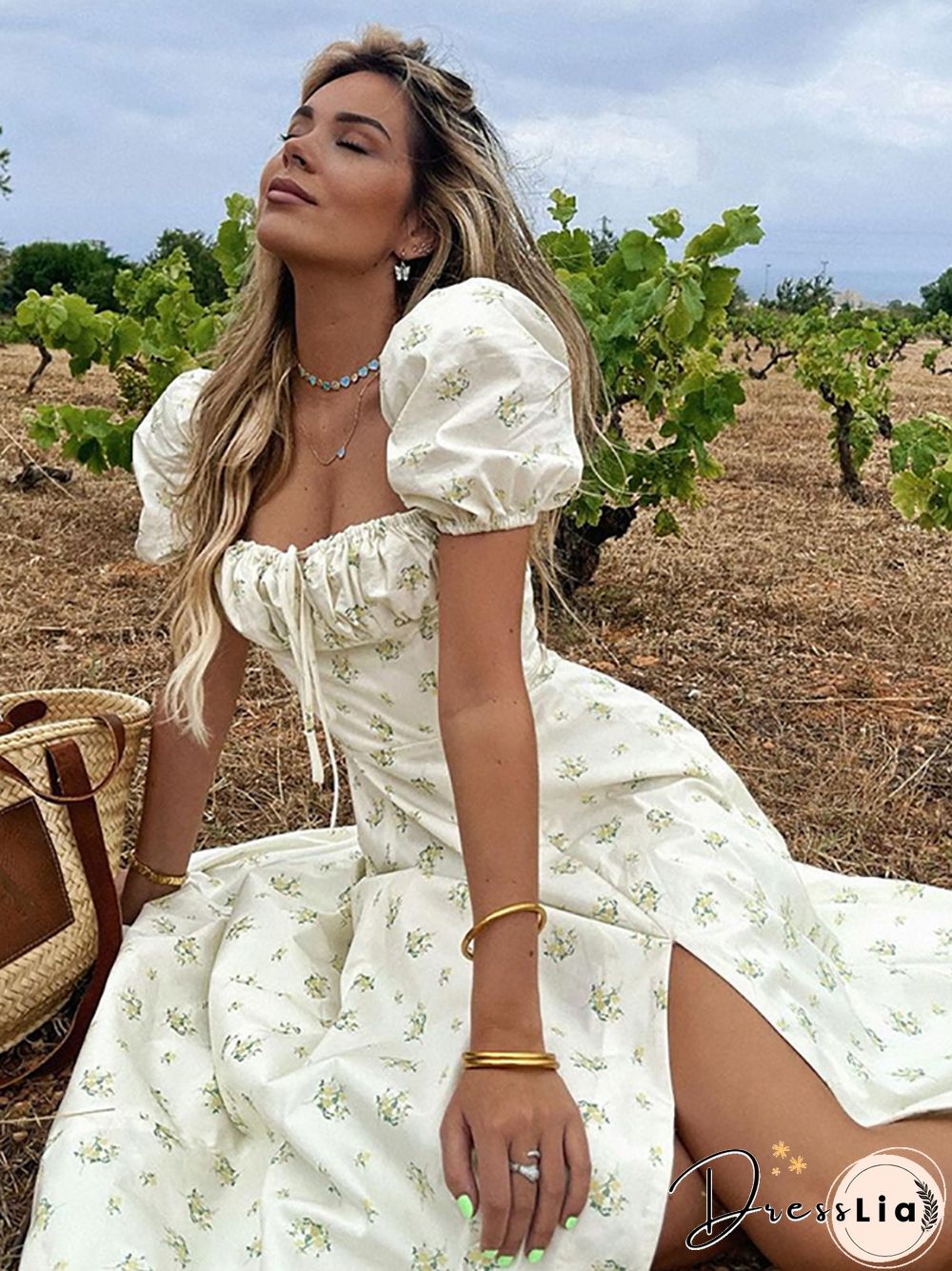 NewAsia Vintage Floral Dress Women Summer Square Collar Puff Sleeve Long Dress Sexy Off Shoulder Side Split A-line Dress