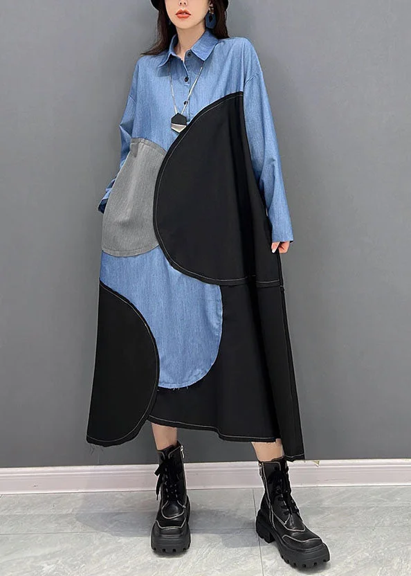 Plus Size Blue Black Patchwork Asymmetrical Design Cotton Loose Dress