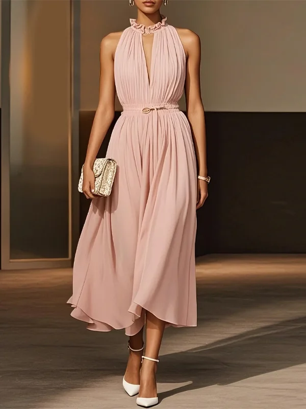 Halter Neck Chiffon Solid Color Midi Dress