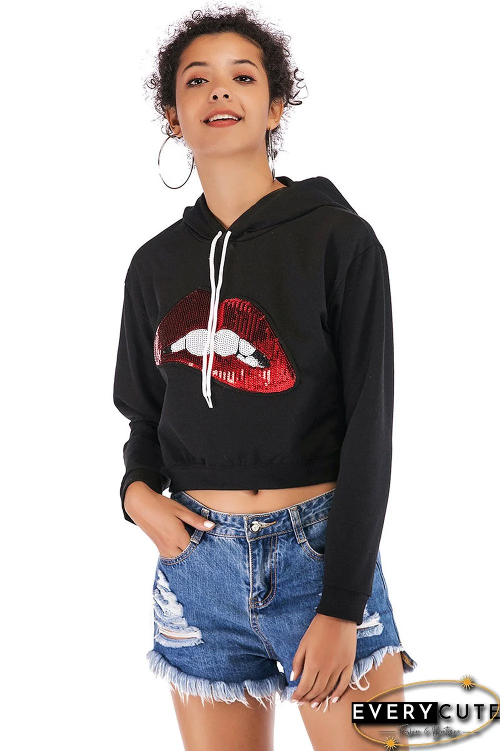 Lip Print Sequined Drawstring Crop Sweatshirt