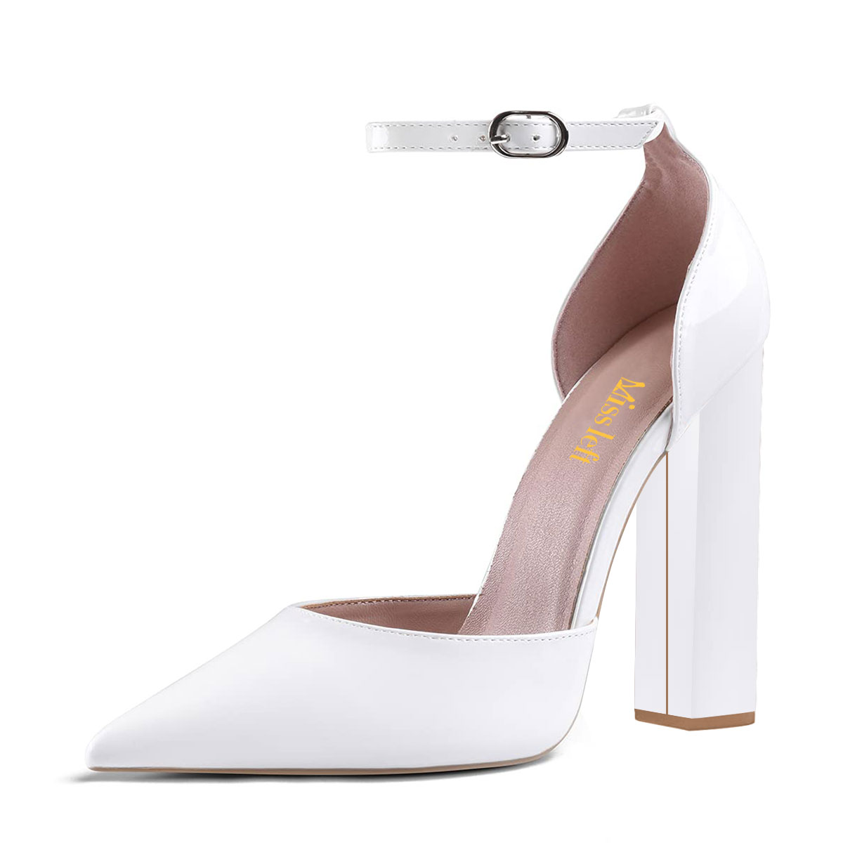 White Buckle Ankle Strap Pointed Toe Chunky Heel Pumps Shoes Nicepairs