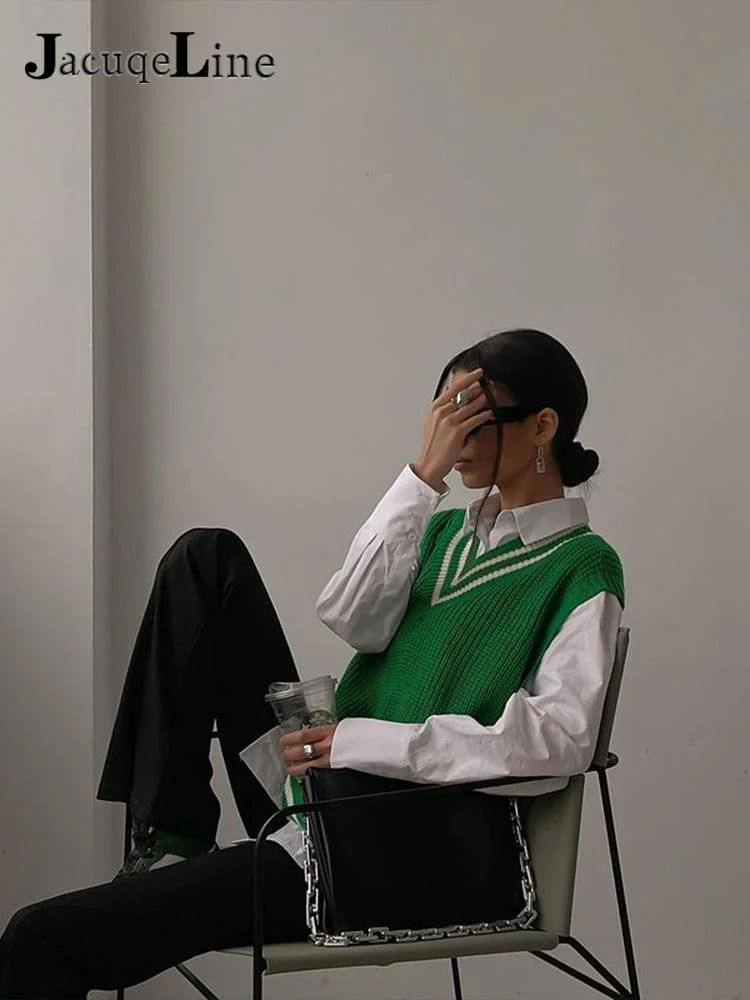 Jacuqeline Y2K Green Knitted Women Vest Sweater Top 2022 Clothing Autumn Winter Sleeveless Vintage V Neck Woman Vest Tops Street