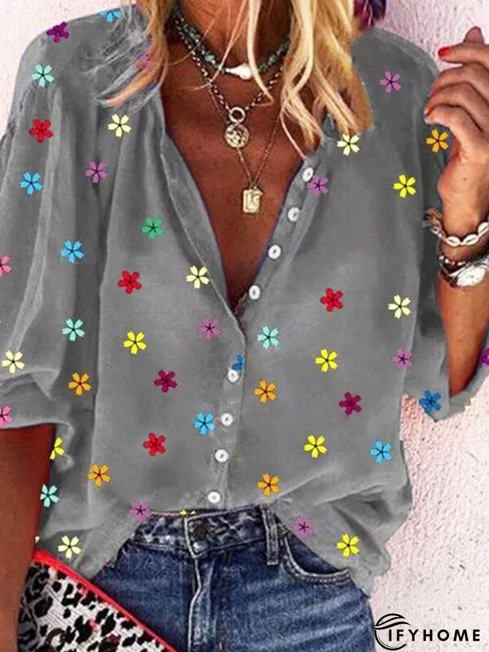 Gray Floral Printed 3/4 Sleeve Stand Collar Casual Shift Blouse | IFYHOME