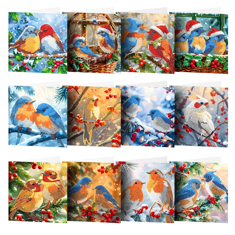 12Pcs Christmas Bird Special Shape Bird Diamond Painting Greeting Card