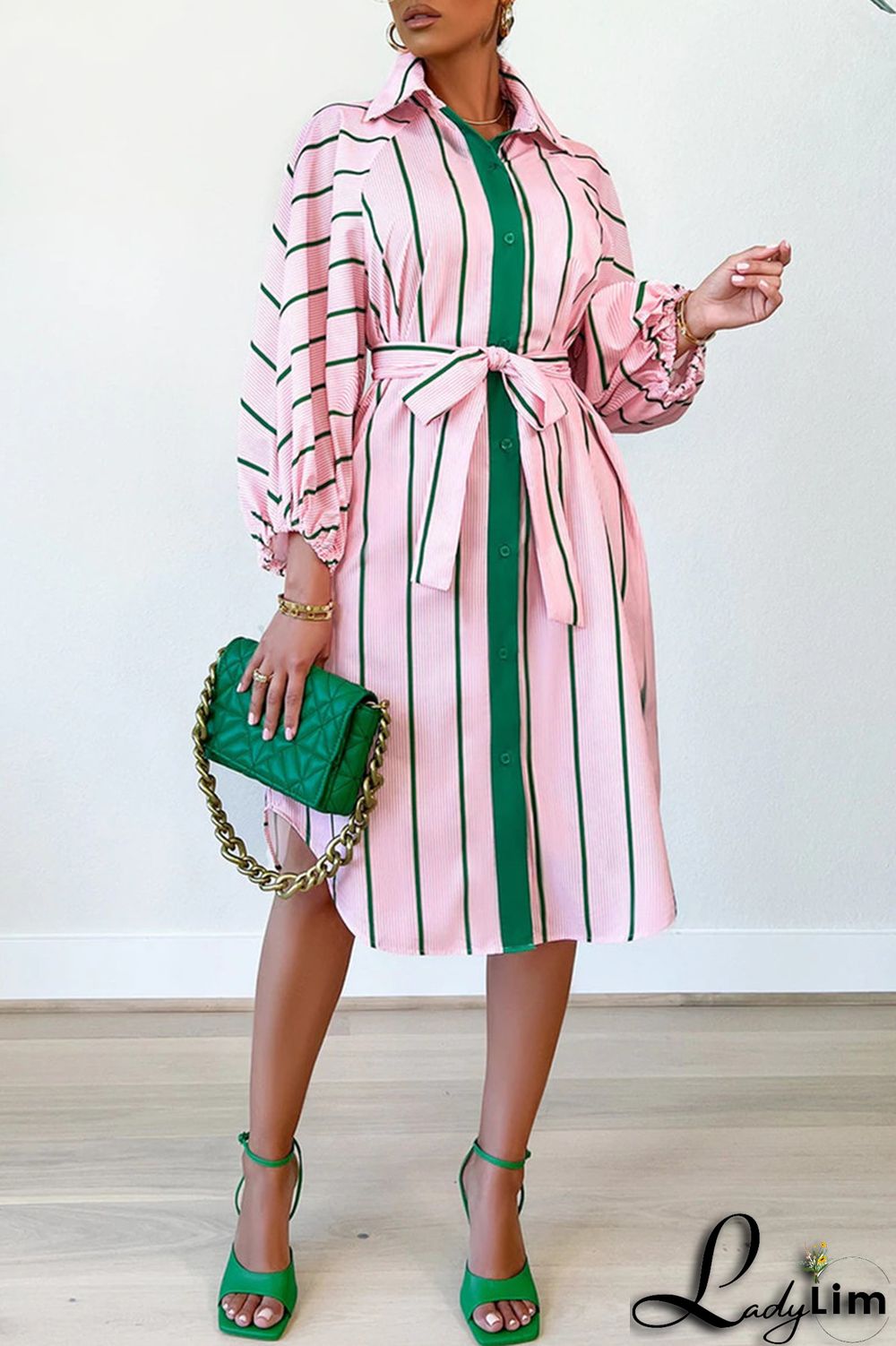 Pink Fashion Striped Print With Belt Turndown Collar Shirt Dress