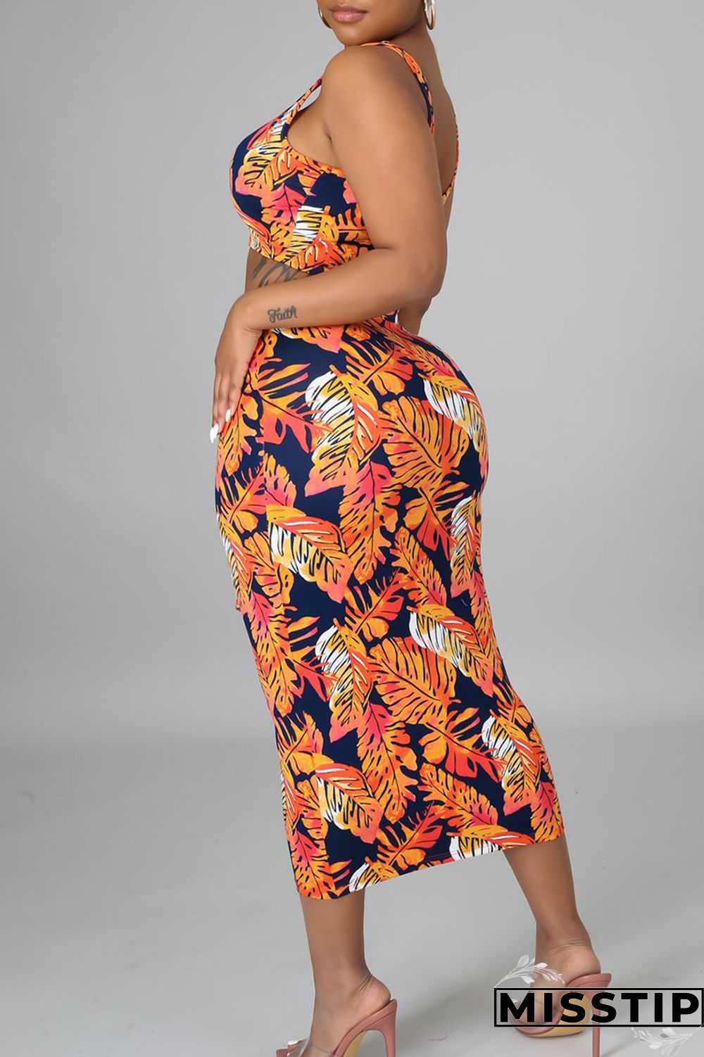 Orange Yellow Casual Print Bandage Patchwork U Neck Sleeveless Two Pieces