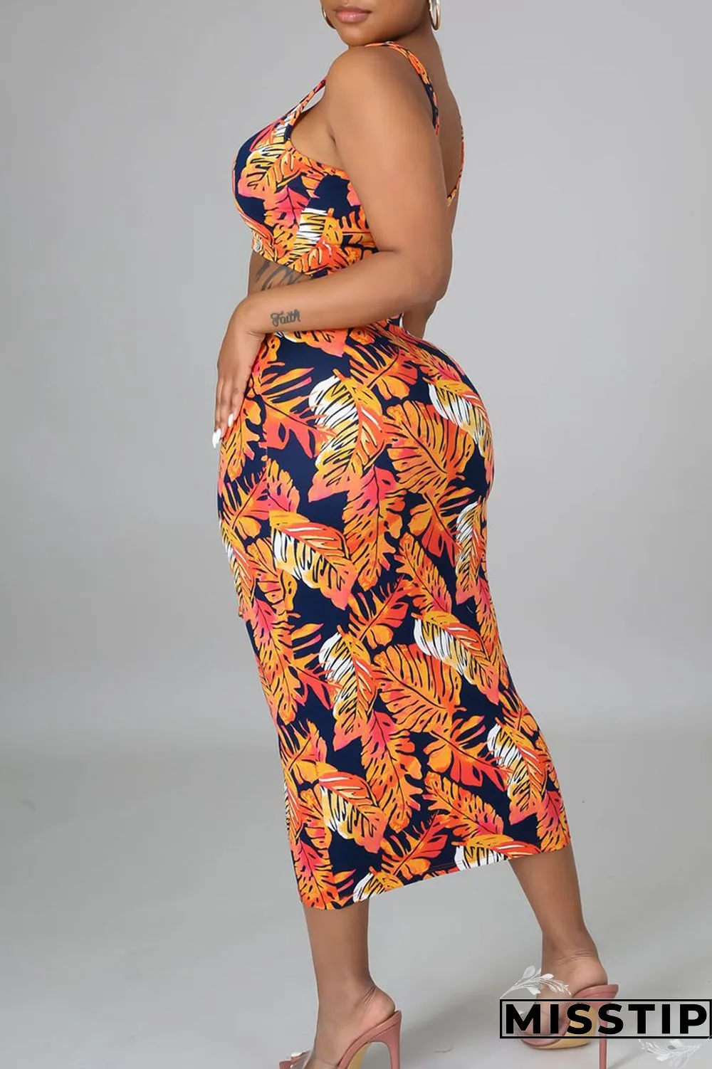 Orange Yellow Casual Print Bandage Patchwork U Neck Sleeveless Two Pieces