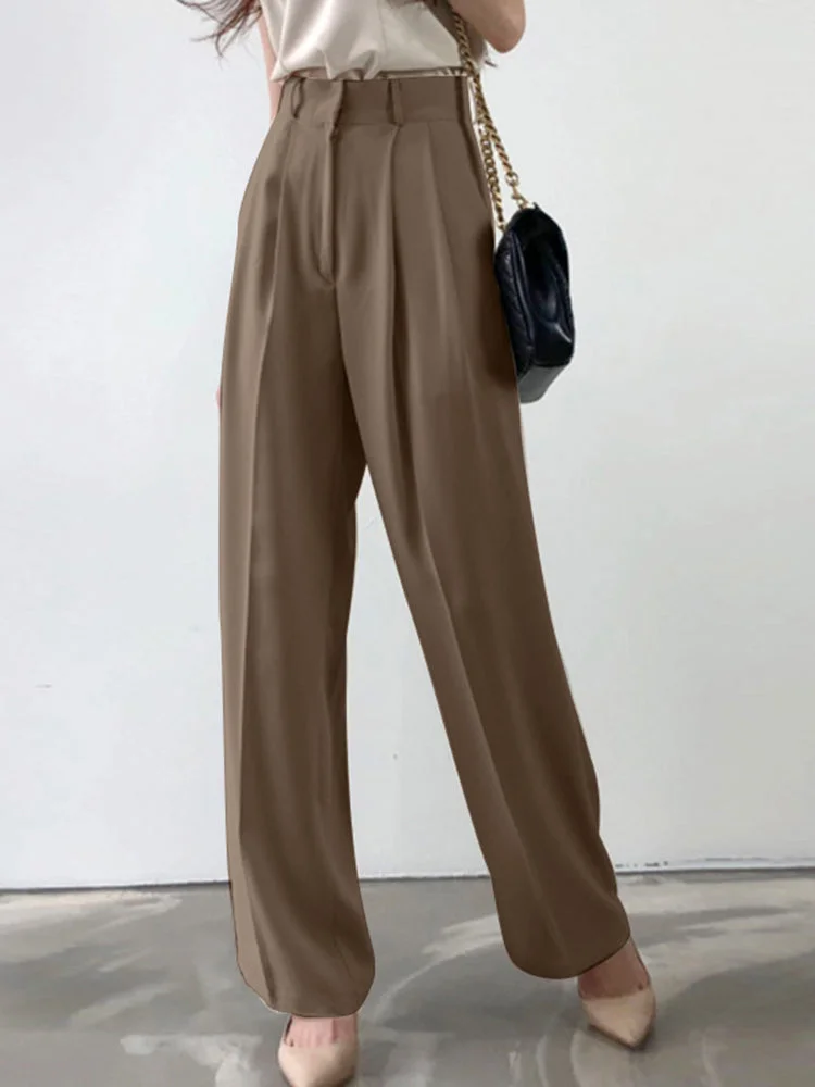 Solid Pleated Pocket Zip Casual Straight Leg Pants SKUJ14945 QueenFunky