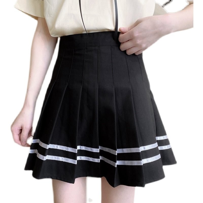 Zoki Black Striped Women Pleated Skirt Summer High Waist A Line Ladies Sexy Mini Skirt Japan Zipper Preppy Girls Dance Skirts