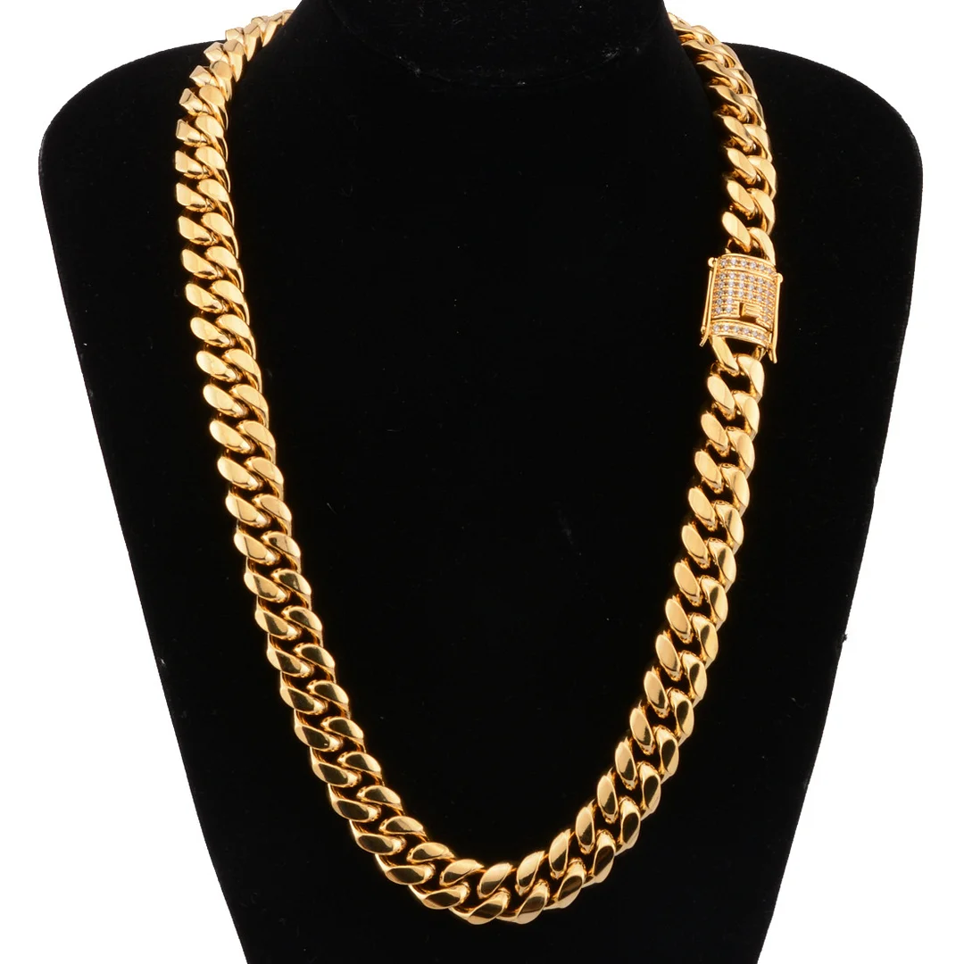 Mens Miami Cuban Link Chain 18K Gold 8-18mm Titanium Stainless Steel Curb Necklace with cz Diamond Chain Choker