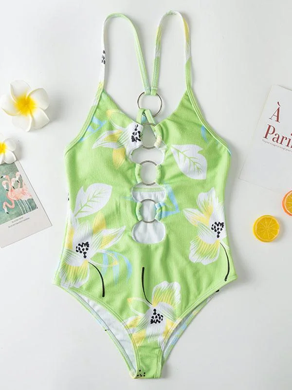 Floral-Print Hollow Backless One-Piece Swimwear