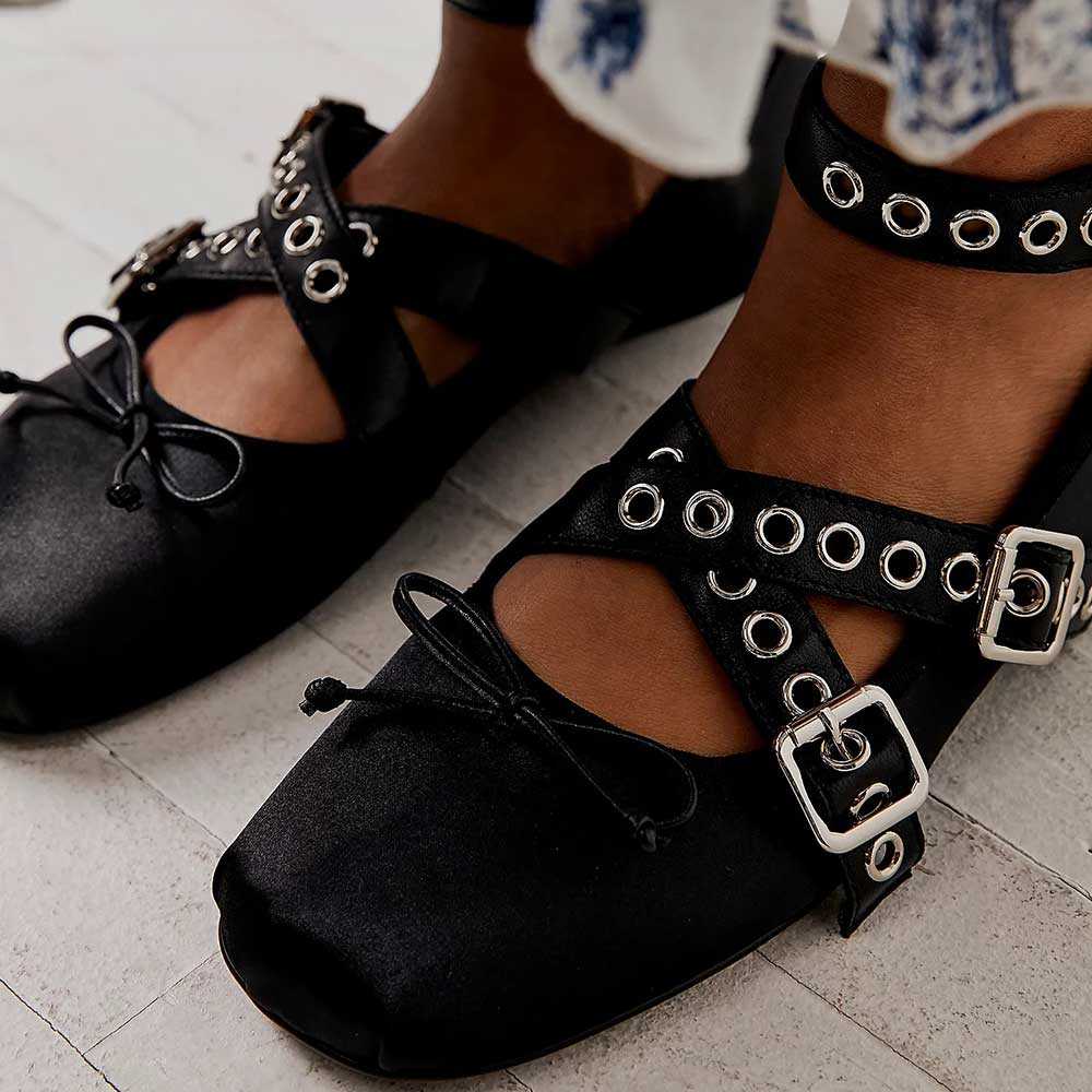 Fashion Black Satin Square Toe Bow Ballet Flats with Grommet Strap