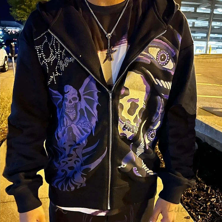 Rhinestone Skull Purple Print Streetwear Men's Oversized Zip Up Hoodie Jacket-VESSFUL