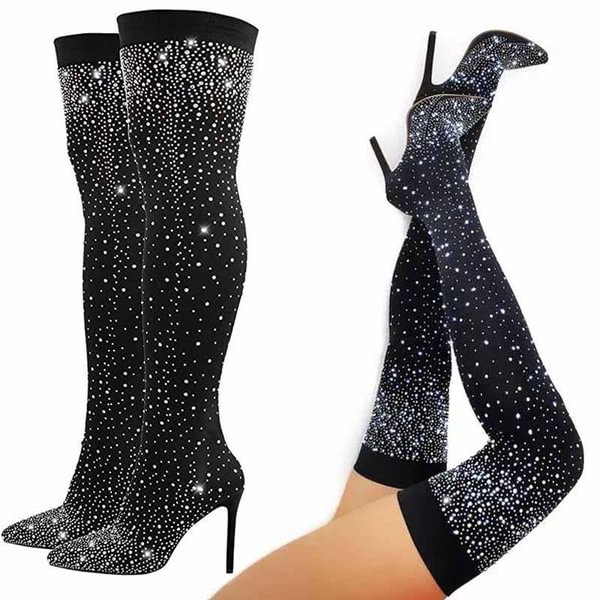 Bling Bling Rhinestone Stiletto Heel Black Thigh High Boots Sparkly Socksboot Stretch Boots - Shop Trendy Women's Clothing | LoverChic