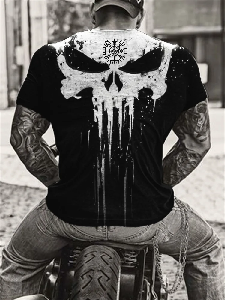 Wearshes Men's Viking Vegvisir Skull Contrast Graffiti T Shirt