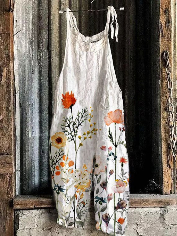 Women's Cute Print Linen Blend Casual Jumpsuit