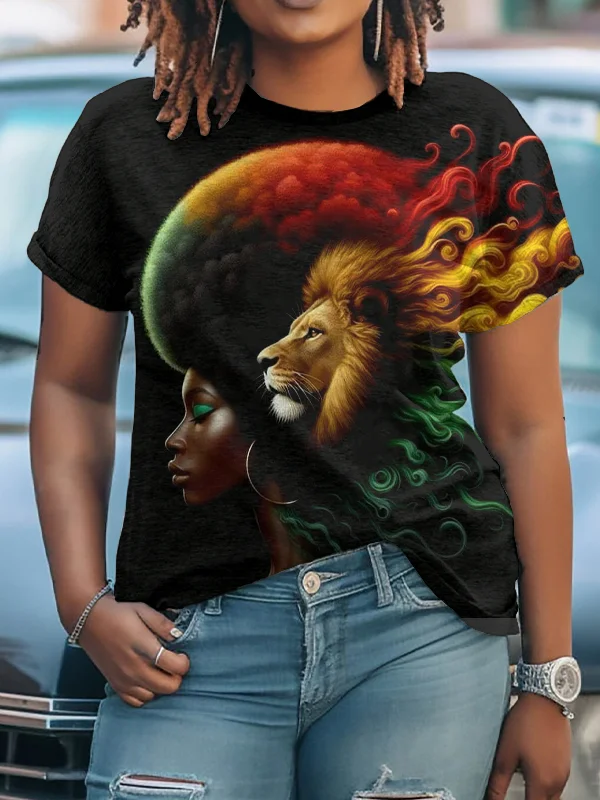 Women's Powerful Women And Lion Art Print Casual T-Shirt