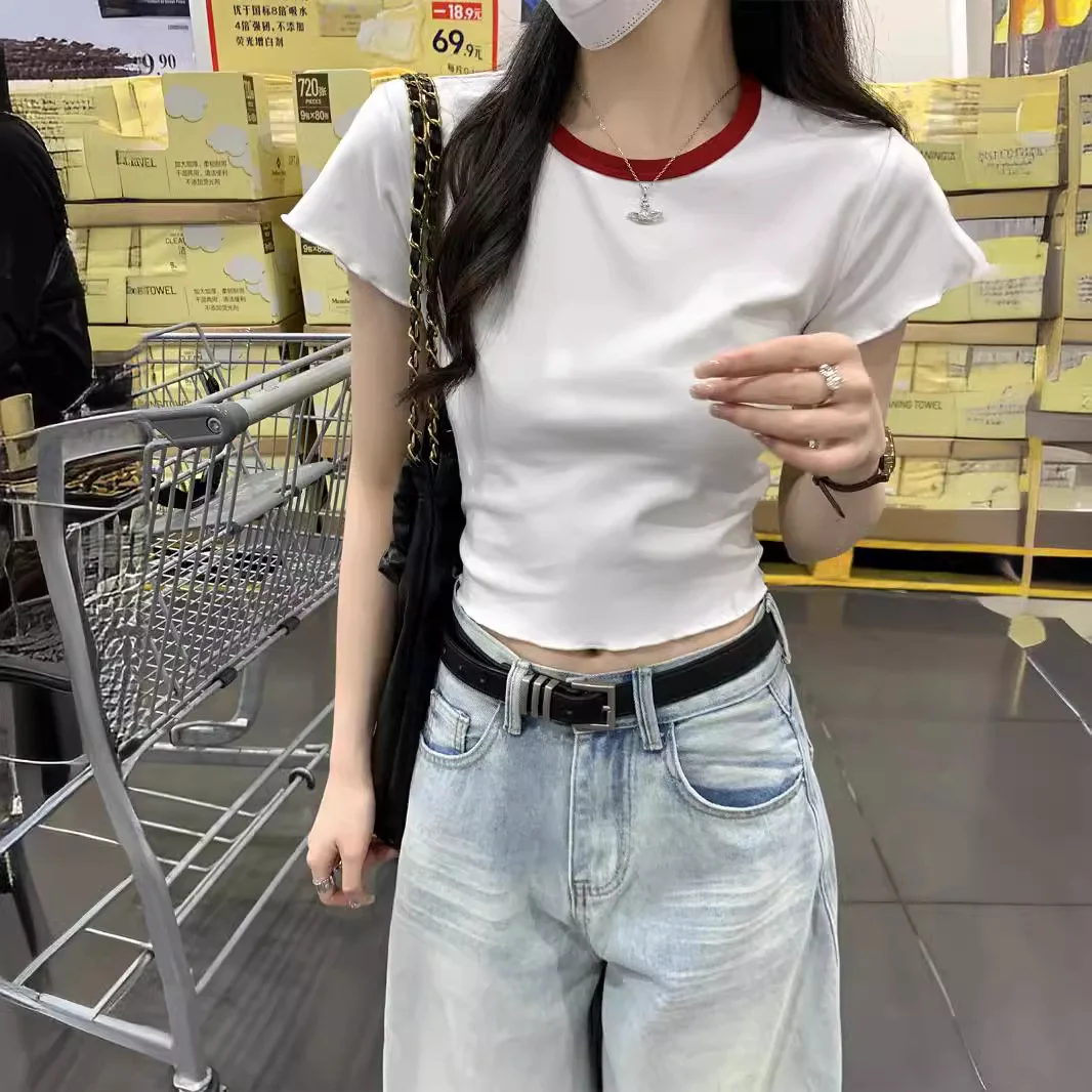 Uveng Uveng Color Short-Sleeved T-Shirt Women 2024 Summer New Slim Show Thin And Versatile Short Shoulder Students Pure Color Top Tide