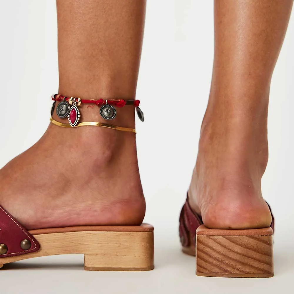 Stylish Red Open-Toe Studded Chunky Heel Platform Slide Sandals