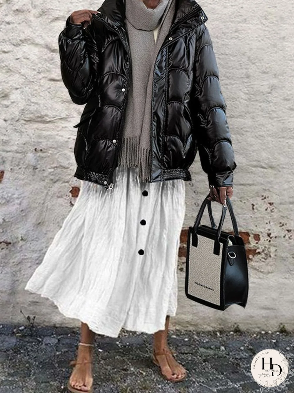 Black Plain Loosen High Neck Outerwear