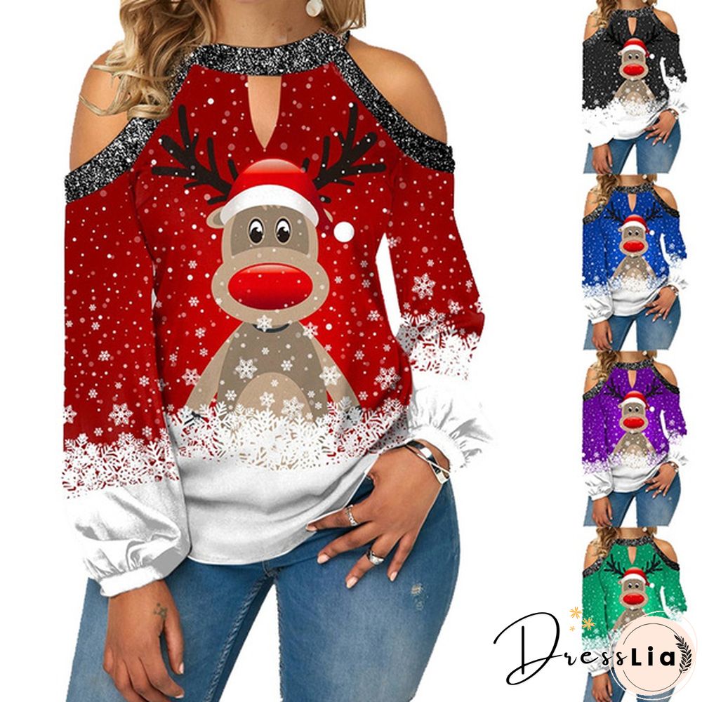 Spring and Early Autumn New Fashion Womens Christmas Printed Long Sleeve V-neck Off