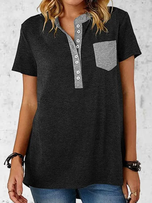 Women Short Sleeve Round Neck Button Pocket Stitching T-shirt Top