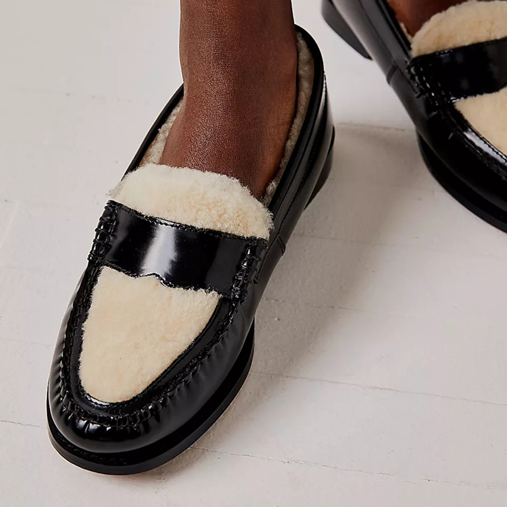Black Patent Leather Round Toe Furry Flat Loafer Shoes Women Nicepairs