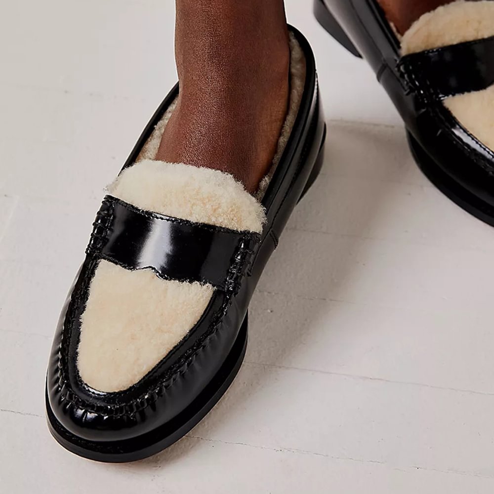 Black Penny Loafers For Women Patent Furry Leather Loafers