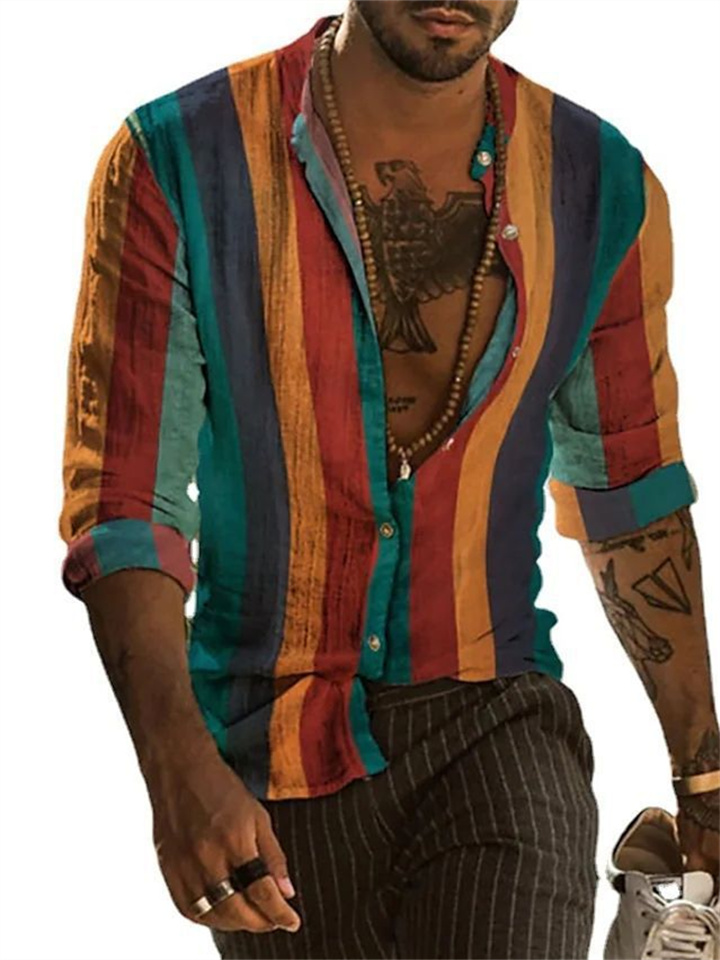 Men's Shirts Striped Collar Street Daily Buckle Printing Long-sleeved Shirt Casual Fashion Breathable Men's Shirts Green, Red, Light Green, Pink, Purple
