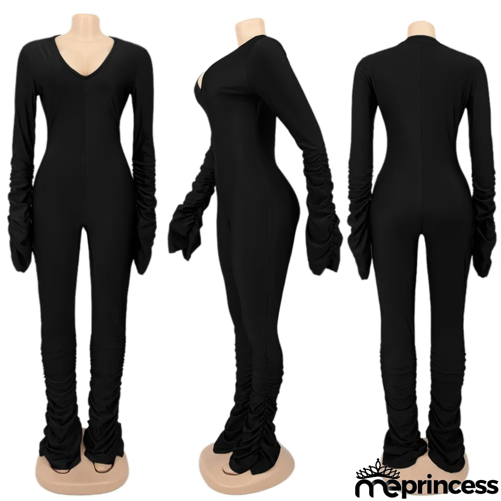 Solid Sexy Long Sleeve Ruched Jumpsuits
