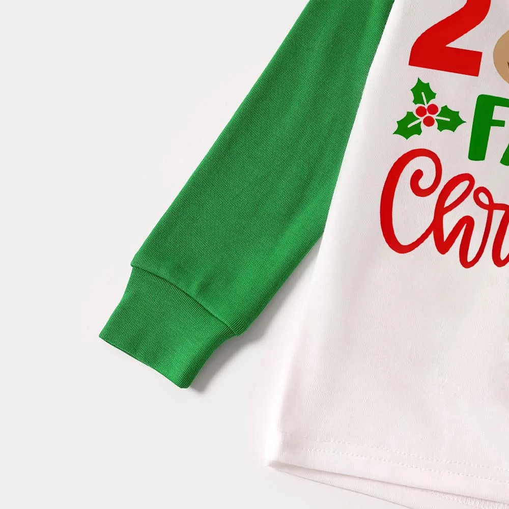 "2024 Family Christmas" Moose Letter Prints Green Rotator Cuff Top With Green & Black Plaid Family Matching Pajamas