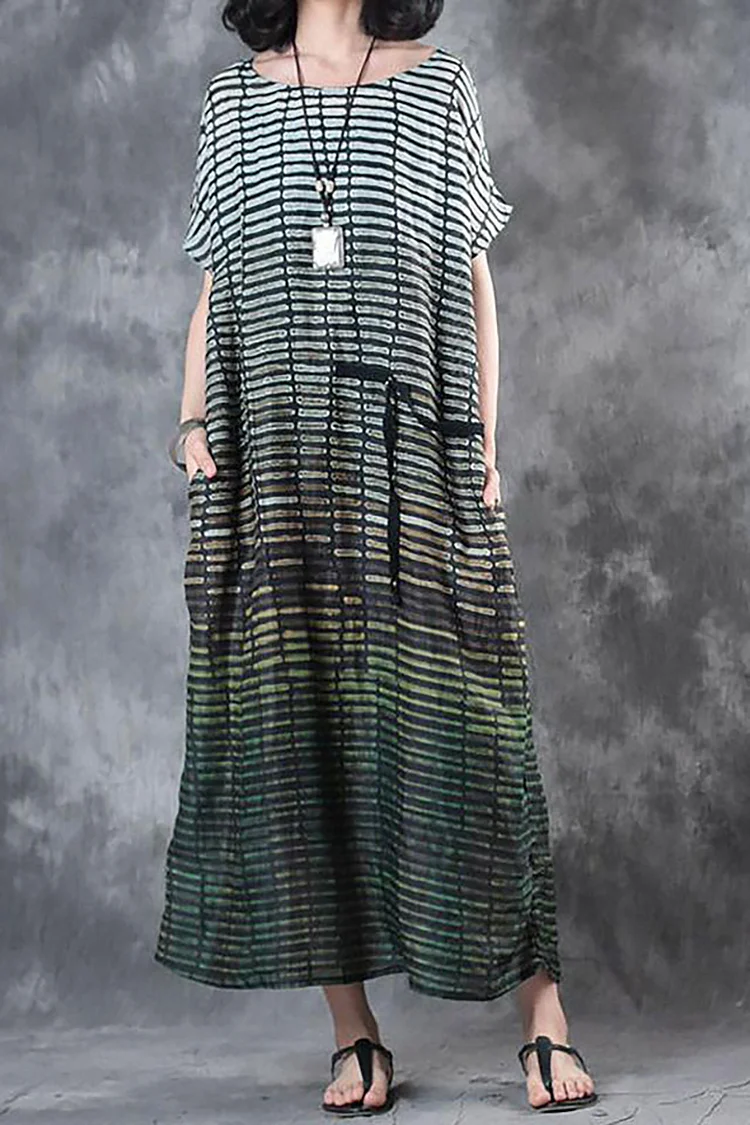 Cotton Green O Neck Short Sleeve Striped Maxi Dresses [Pre Order]