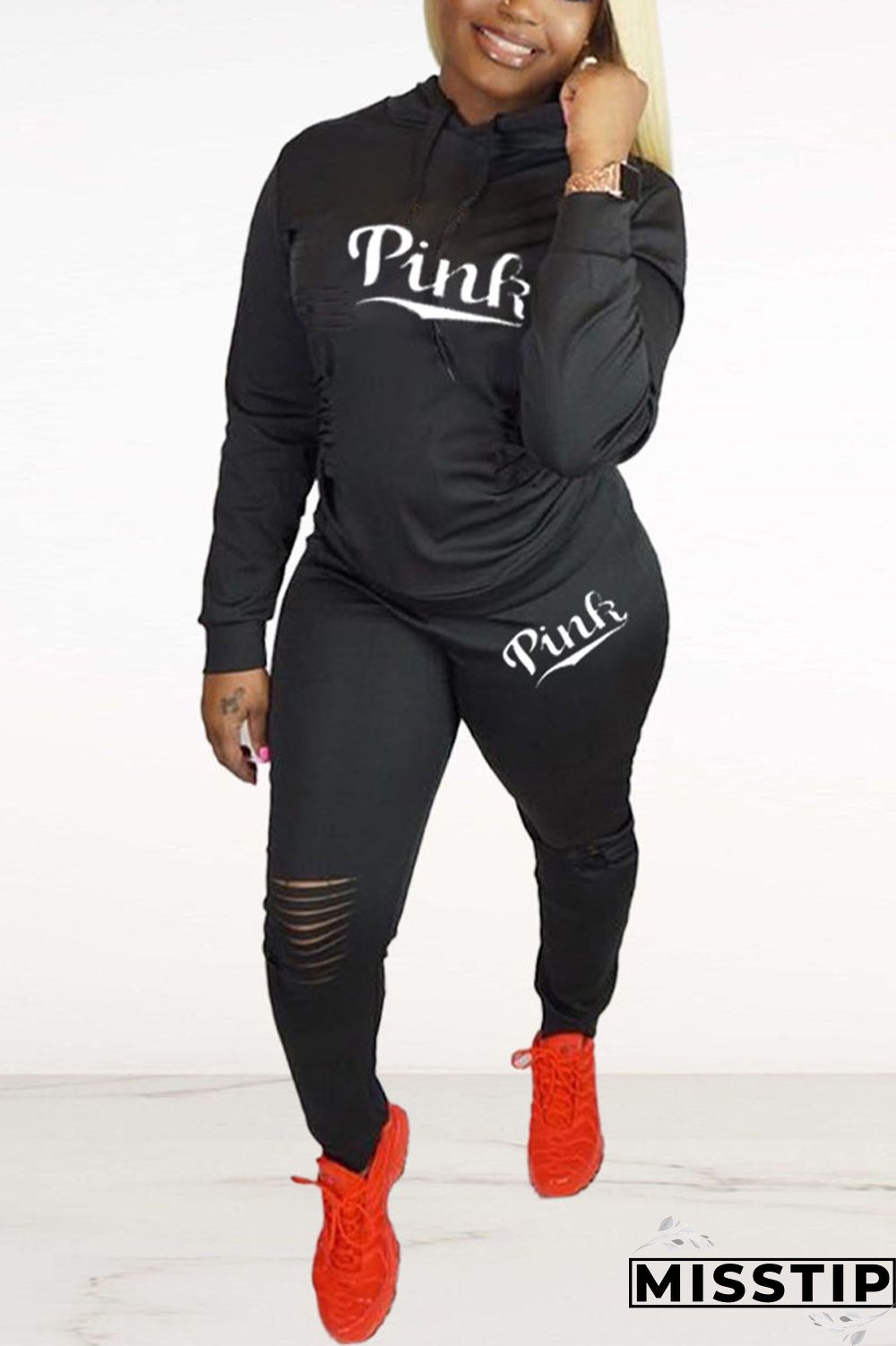 Dark Blue Sportswear Letter Hollowed Out Hooded Collar Long Sleeve Two Pieces