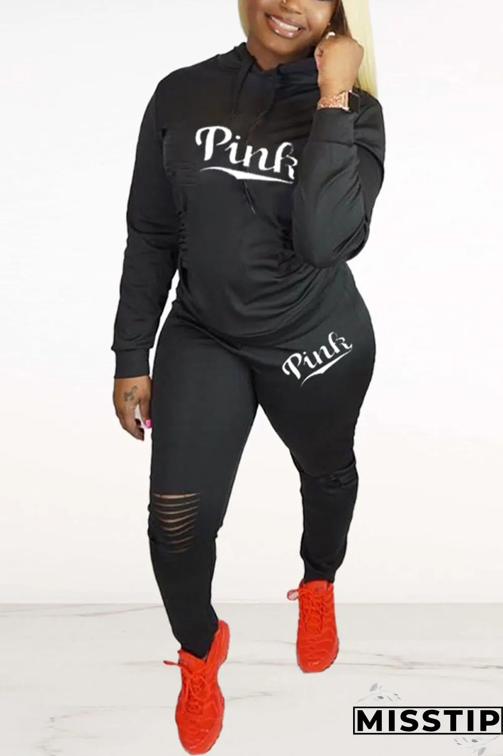 Dark Blue Sportswear Letter Hollowed Out Hooded Collar Long Sleeve Two Pieces