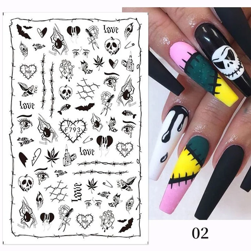 1Pc 3D Halloween Nail Stickers Anime Joker Spider Snake Sliders Nail Art Stickers Adhesive Christmas Decals Snowflake Decor-Nail Inspo