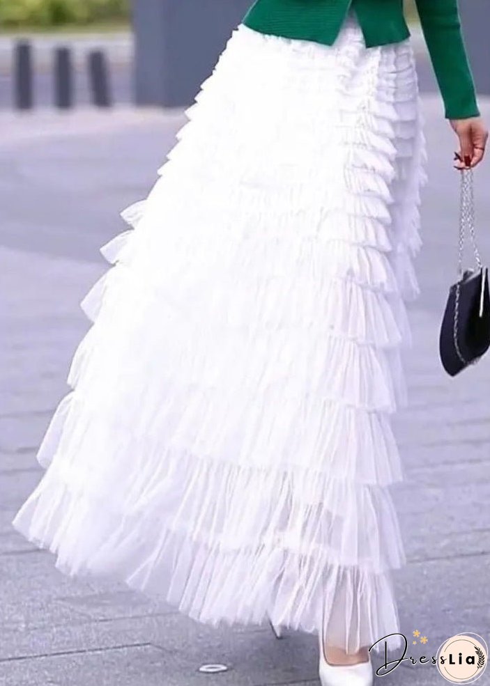 Women Black Wrinkled High Waist Patchwork Tulle Skirt Spring