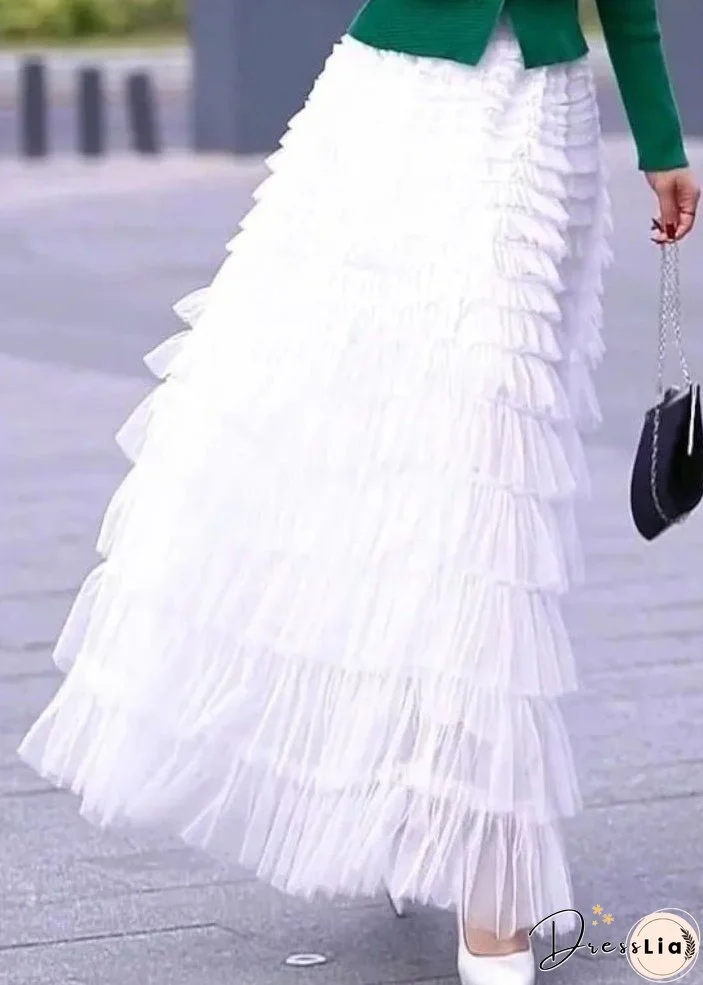 Women Black Wrinkled High Waist Patchwork Tulle Skirt Spring