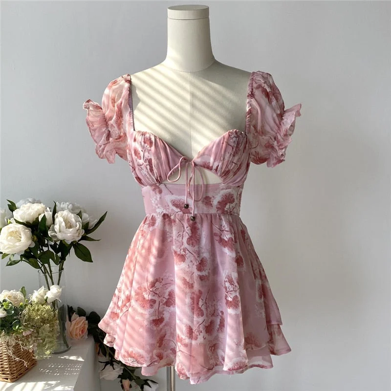 New Fashion 2021 Sweet Style Cute Floral Printed Jumpsuit Women Summer Casual Chic Chiffon Ruffled Square Neck Holiday Jumpsuits