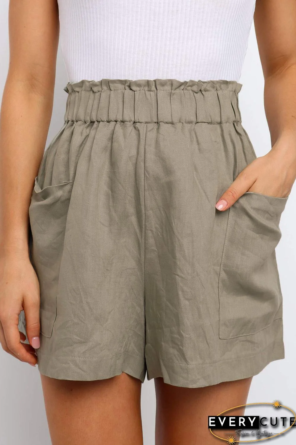 Army Green Paperbag Waist Flare Casual Shorts with Pockets