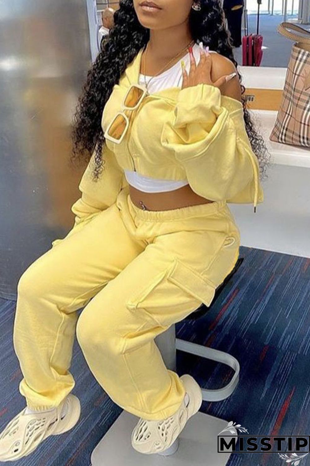 Yellow Fashion Casual Solid Patchwork O Neck Long Sleeve Two Pieces